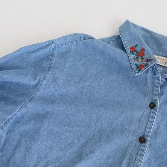 Vintage  Susan Bristol Blue Button Up Floral Collar Denim Chambray Shirt 3W - Picture 10 of 12